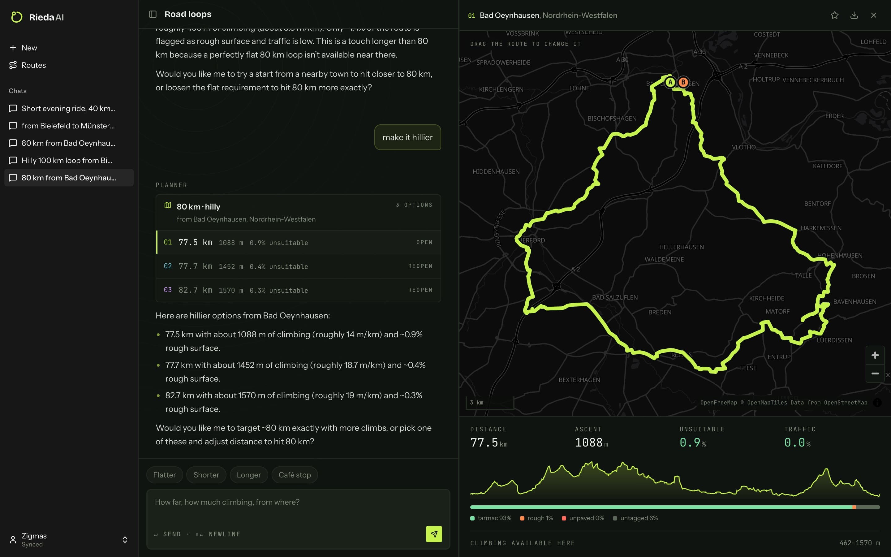 The full Rieda app: sidebar, chat with three scored loops, and the map drawing the open 40.7-mile route.